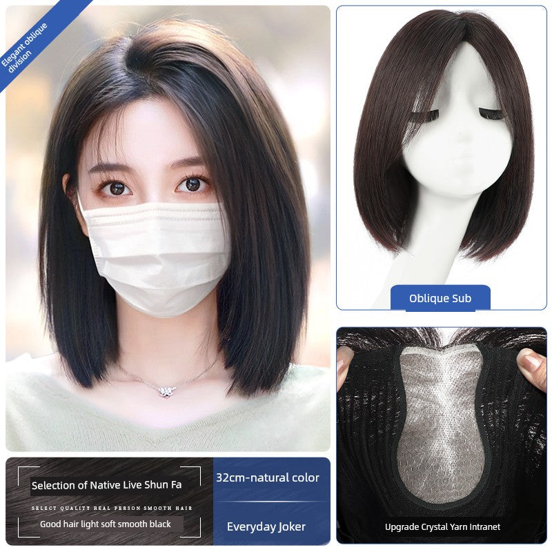 Natural Full-Head Human Hair Wig | Classy Collarbone Length Short Straight Wig with Oblique Bangs for Women (Sweet & Lovely, Elegant Style)
