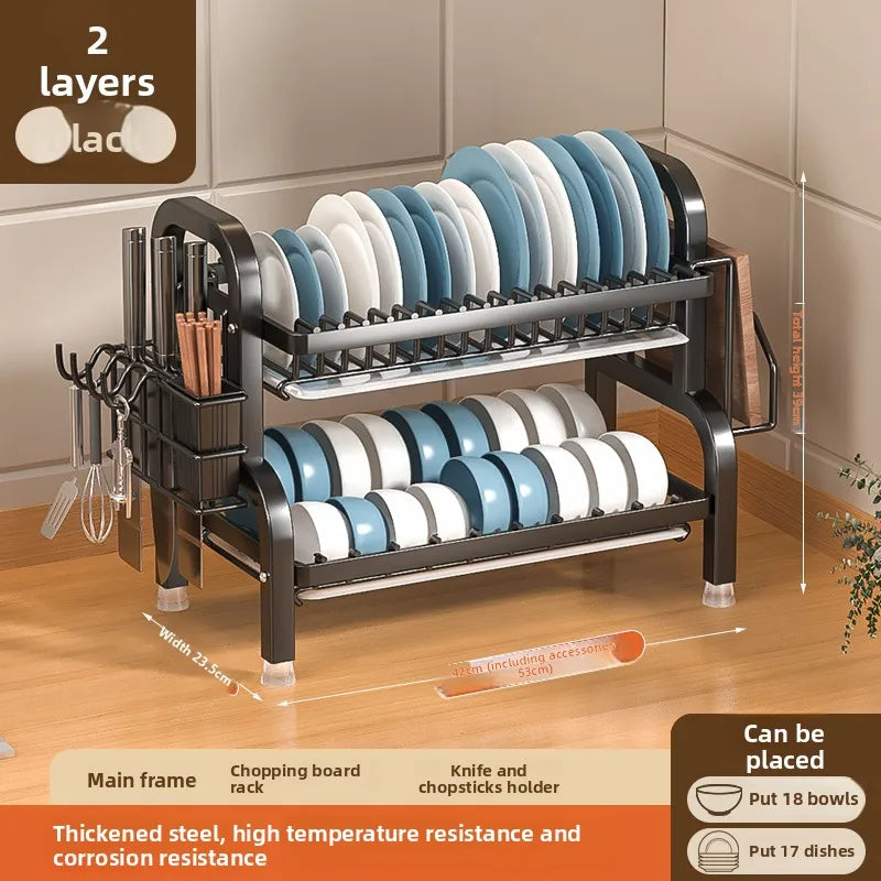 black Multi-level dish drain, dish drying rack, dish drain, large rust-proof dish drain with kitchen utensils stand
