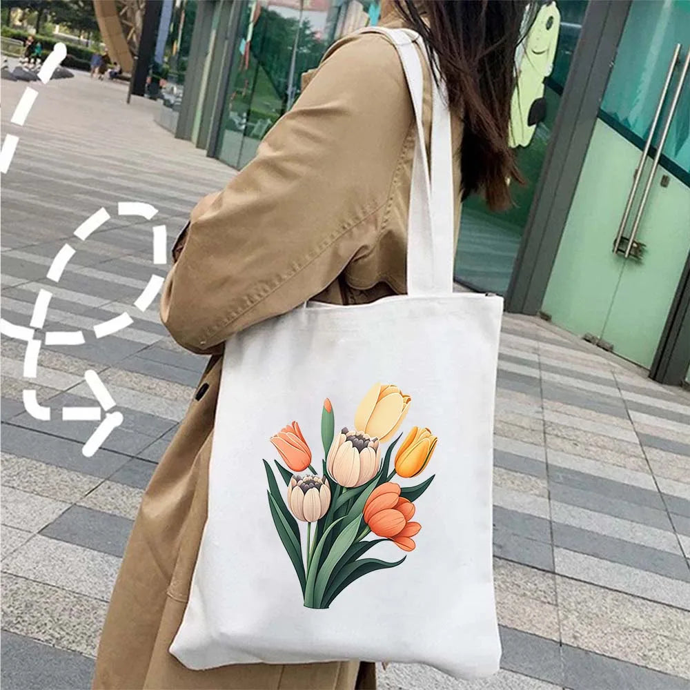 Succulove Floral Cotton Tote Bag | Large Capacity Handbag with Tulips, Hydrangeas, Sunflowers & More (Casual Shoulder Shopper, Eco-Friendly)