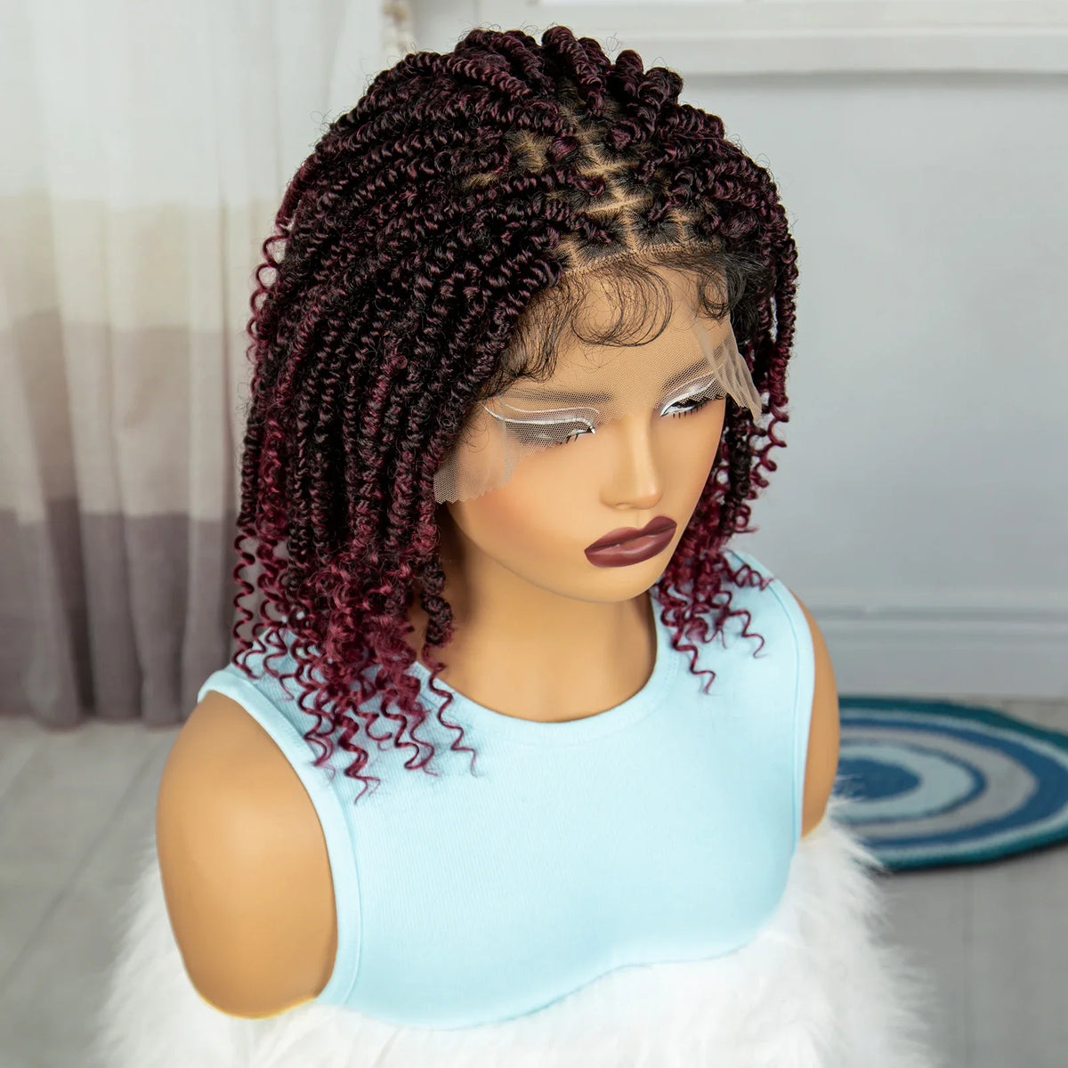 Knotless Box Braided Bob Wig with Curly Ends | Short Twist Braids | Synthetic Lace Front Wig | Handmade for Black Women