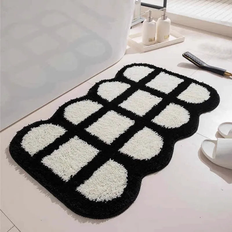 VIKAMA Ins Style Black and White Simple Short Plush Floor Mat Entry Door Wear Dirt-resistant Foot Mat Bathroom Entrance Carpet