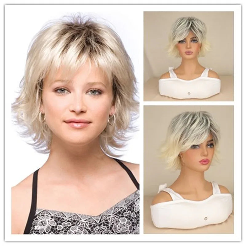 Short Brown Bob Wig with Bangs | Mixed Blonde Synthetic Natural Hair Wig for Women (Soft Mommy Hair, Daily Use)