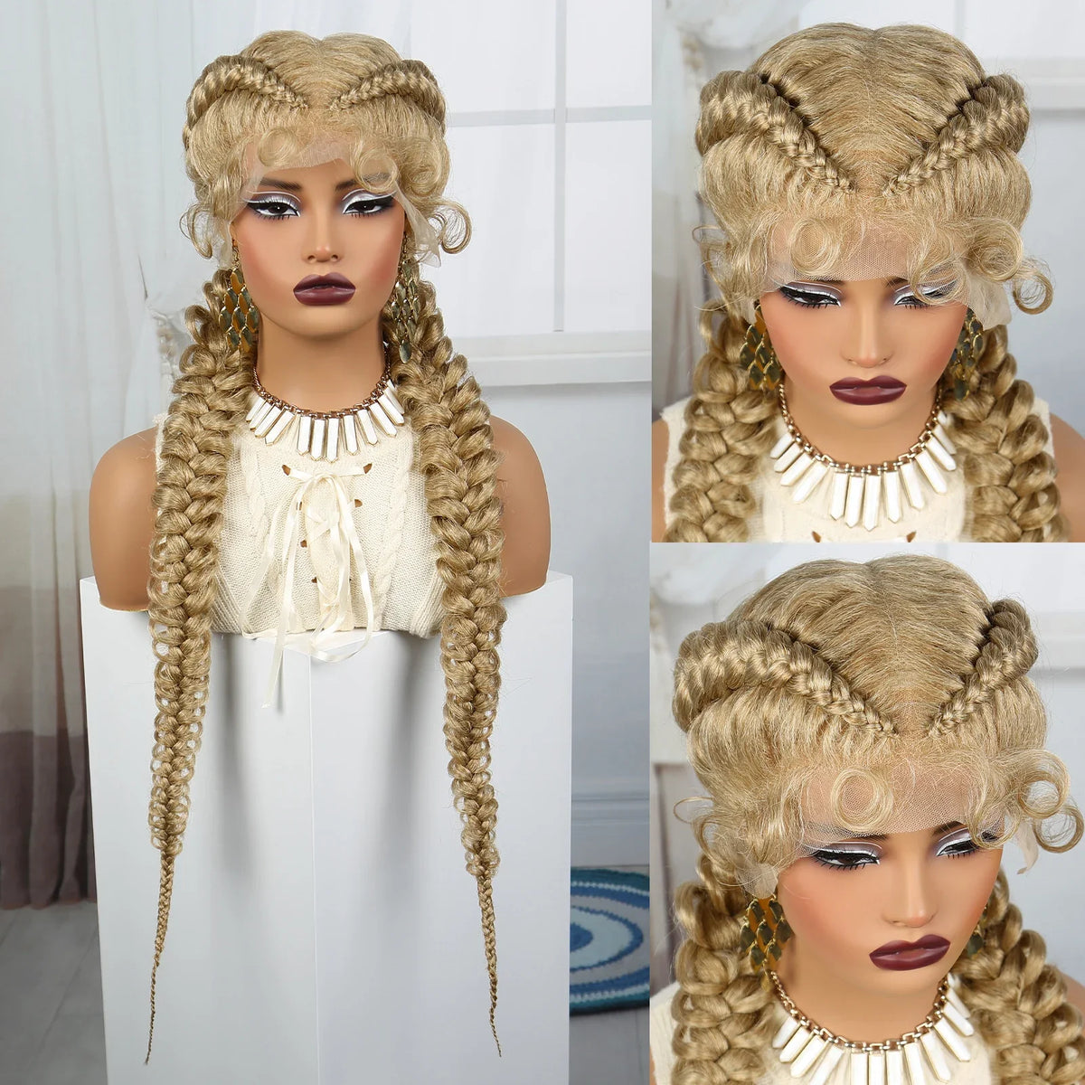 36" Burgundy Twist Cornrow Braids Wig | 99J | Lace Frontal | Baby Hair