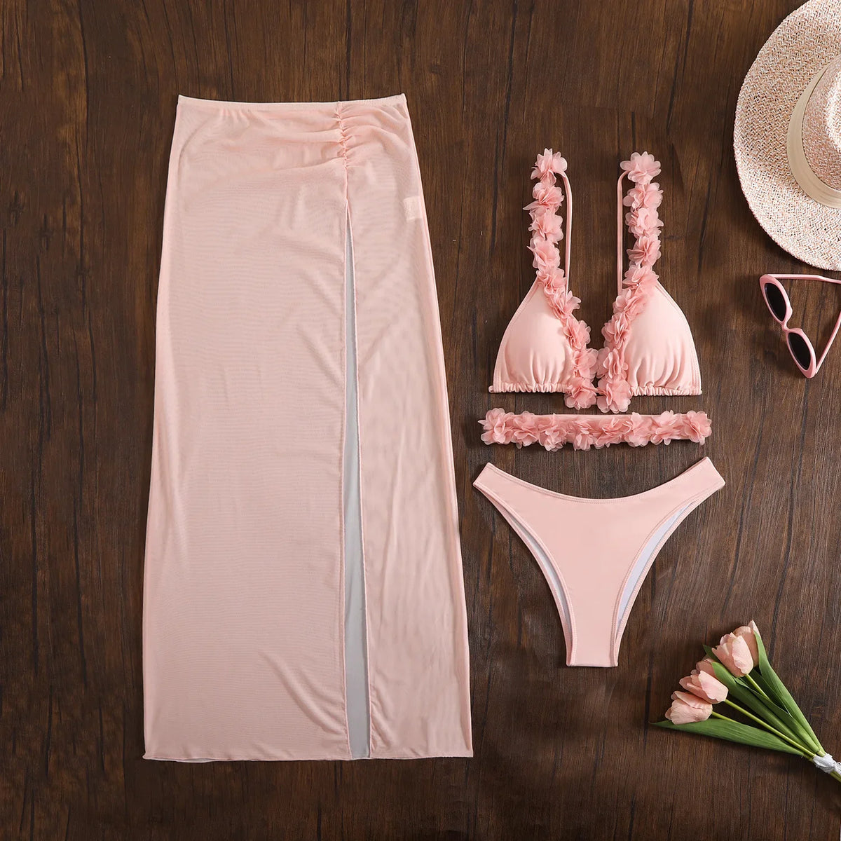 New Solid Color Lace Sexy Three-piece Mesh Dress Bikini