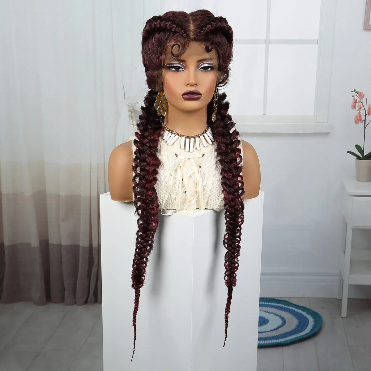 36" Burgundy Twist Cornrow Braids Wig | 99J | Lace Frontal | Baby Hair