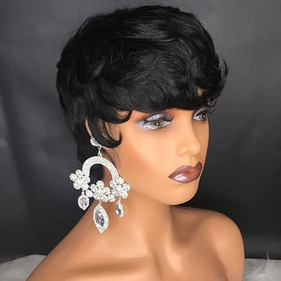 Pixie Cut Human Hair Wig | Natural Color Wavy Remy Hair | Short Cut Wig