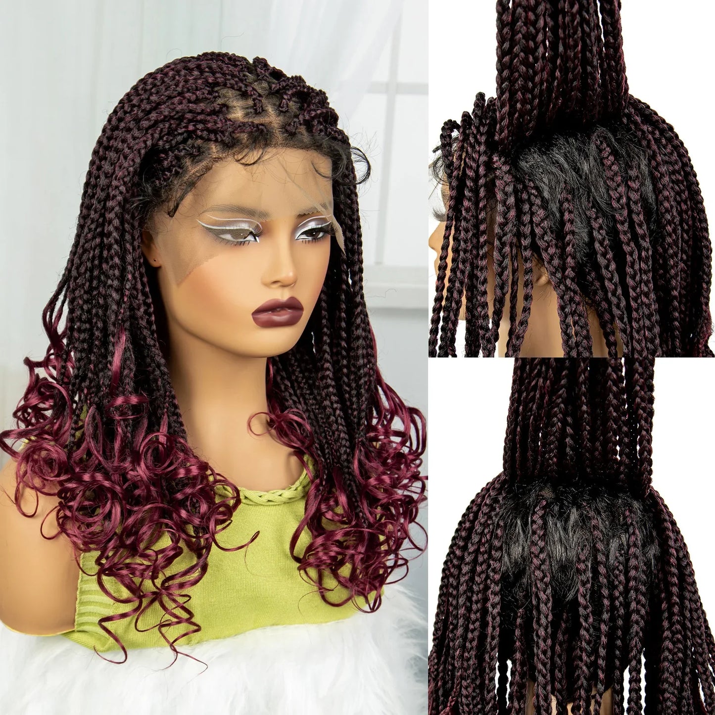 Burgundy Knotless Braids Wig with Curly Ends | 9x6 Lace Front | Blended Box Braids