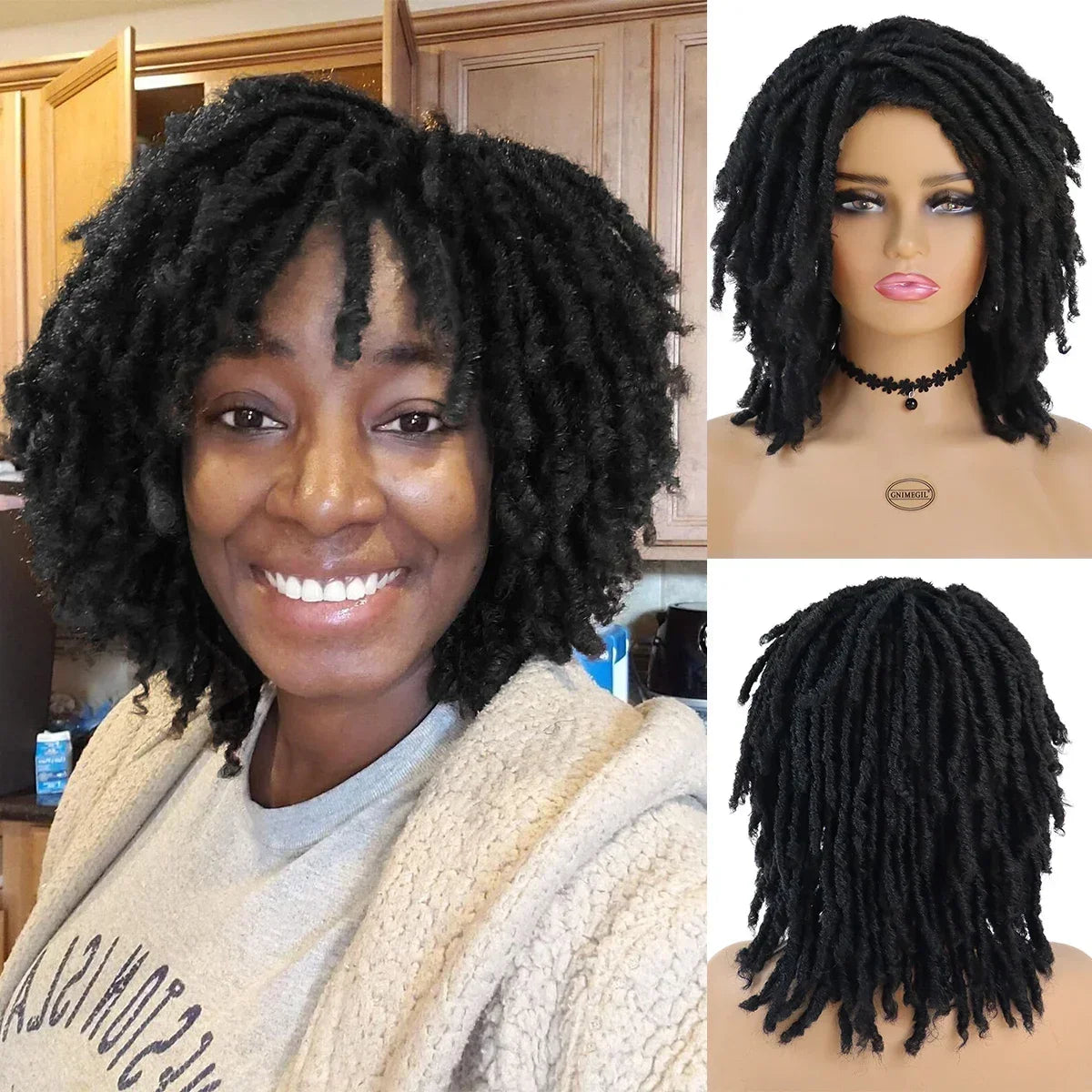 Ombre Brown Short Curly Faux Locs Wig | Crochet Braids | Afro Hip-Hop Style | Black Women
