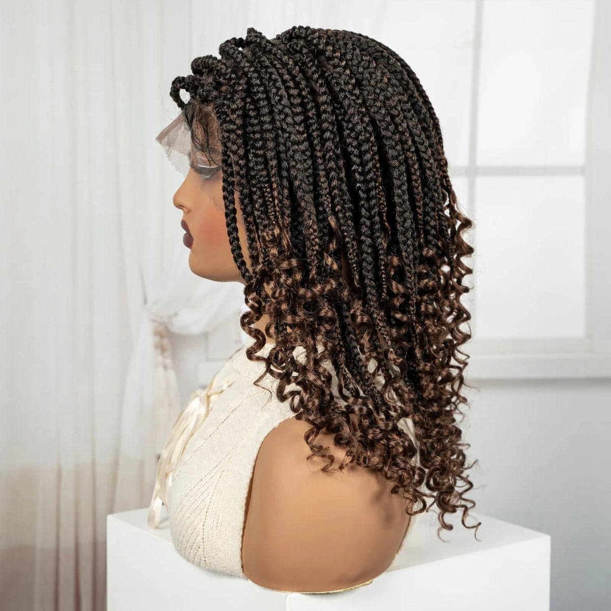 Knotless Box Boho Braided Wig with Curly Ends | Short Bob Style | Full Lace Synthetic Wig for Black Women
