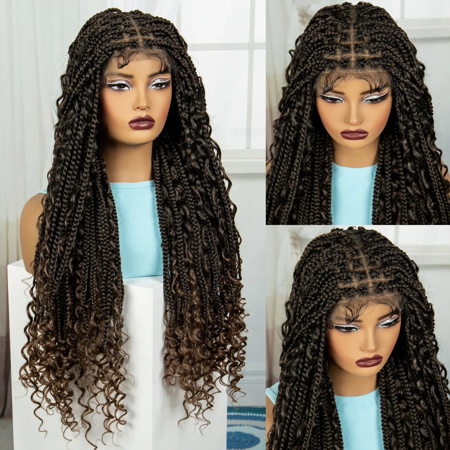 Burgundy Knotless Box Braids Wig with Curly Ends | Full Lace Handmade