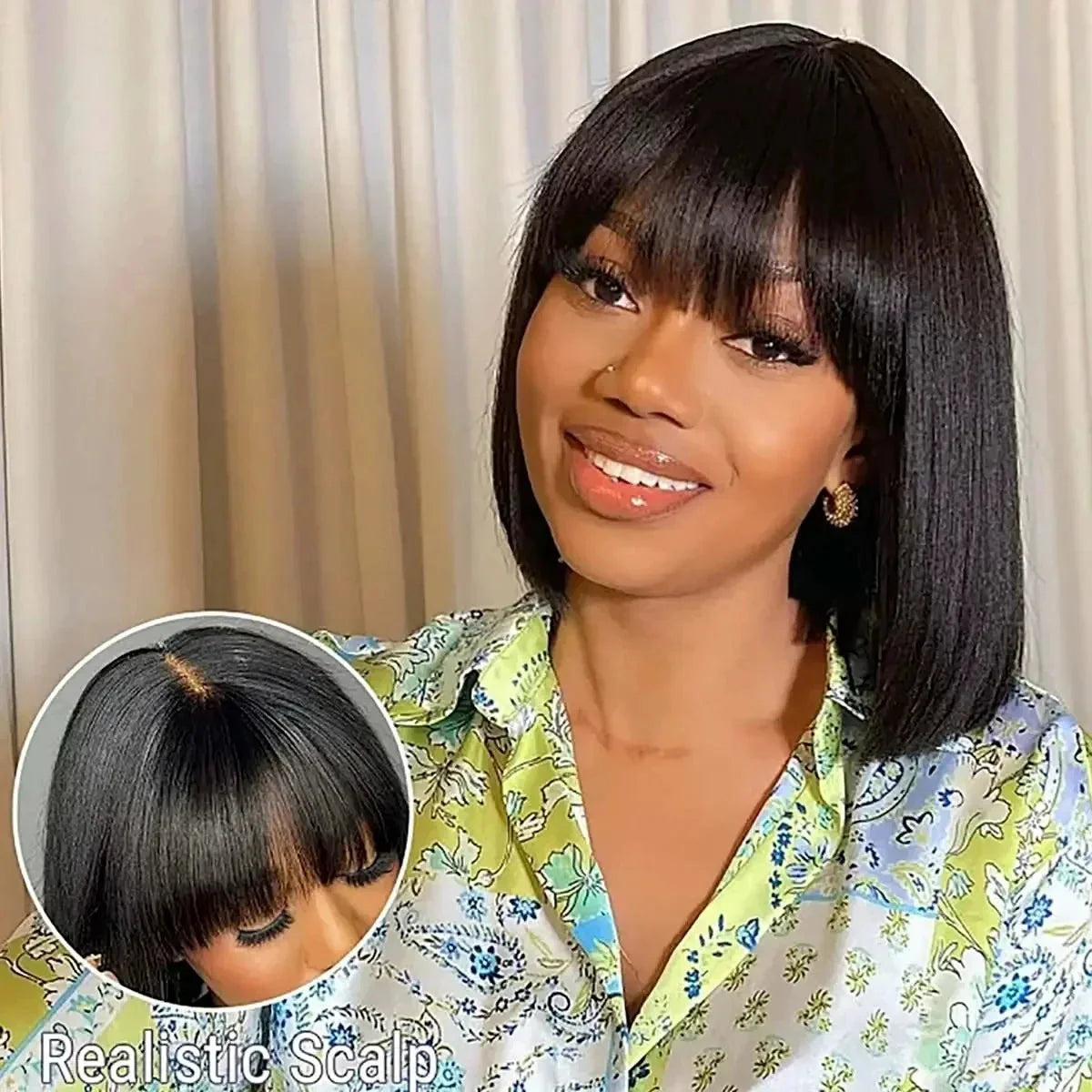 Brazilian | Remy | 100% Human Hair | Natural | Black | Put On and Go | Realistic | Glueless | Transparent | Yaki Straight | Bob with Bangs