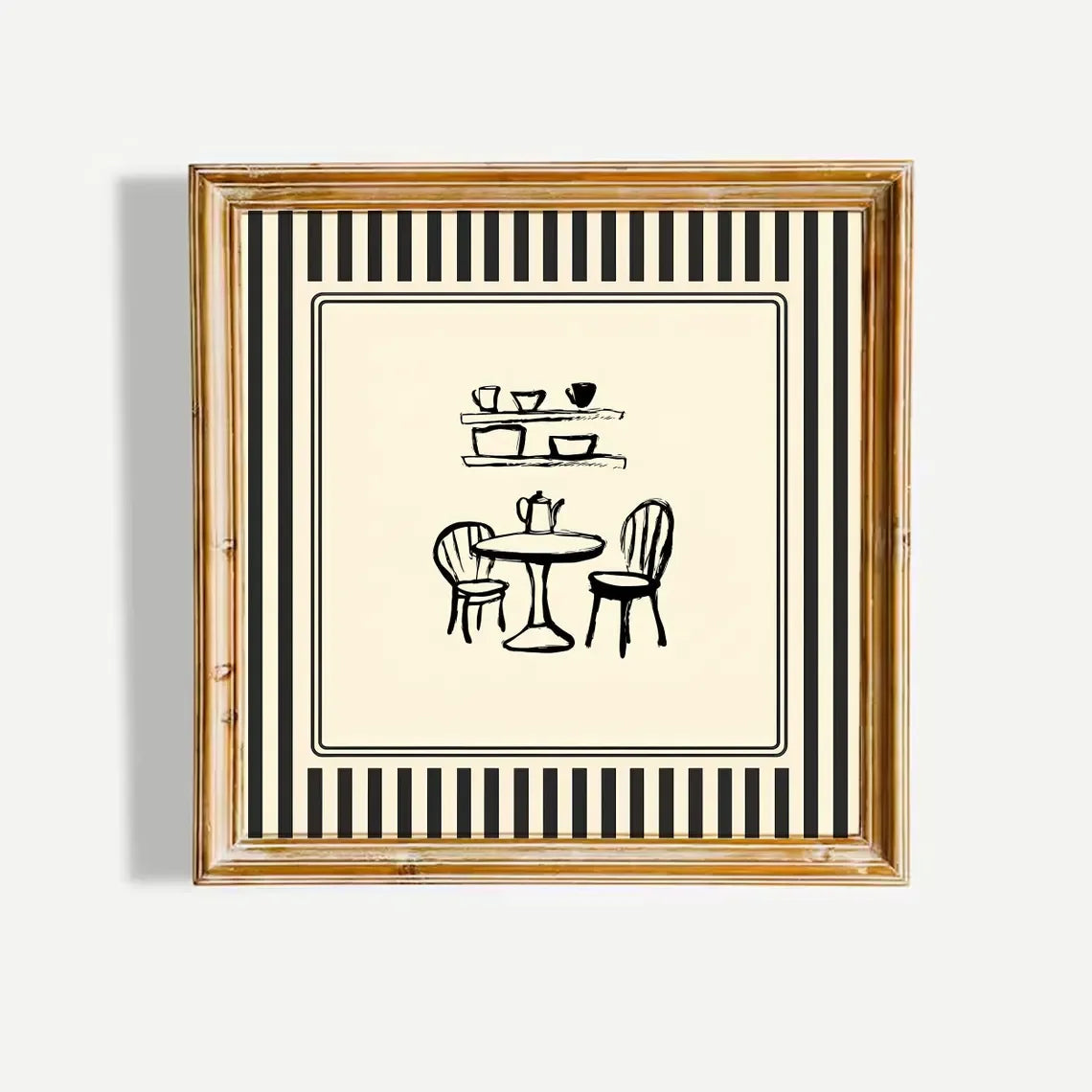 Black and White Striped French Cafe Print, Minimalist Illustration, Digital Downloads, Art Print, Gift Idea, Aesthetic