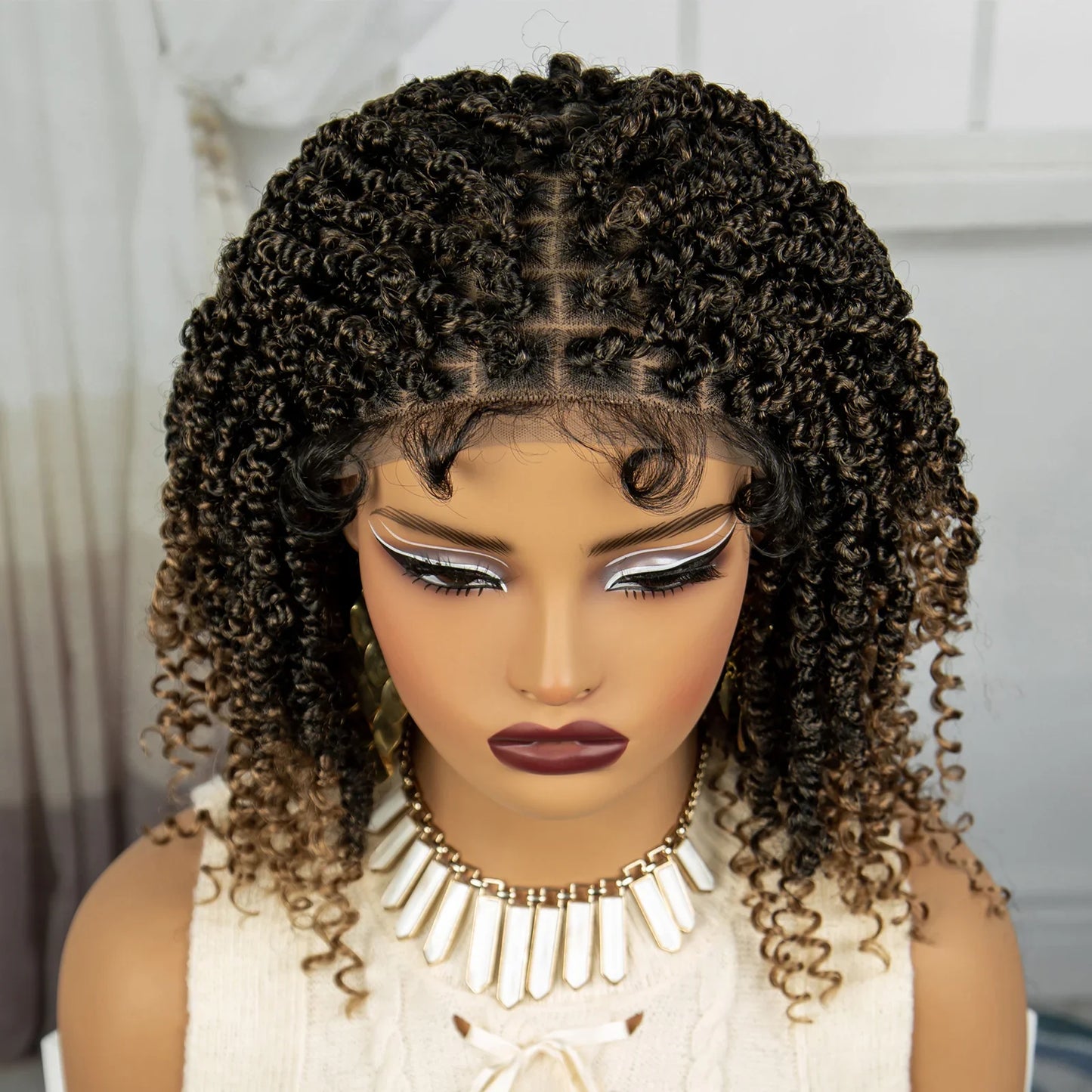 Knotless Box Braided Bob Wig with Curly Ends | Short Twist Braids | Synthetic Lace Front Wig | Handmade for Black Women