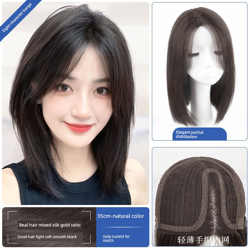 Natural Full-Head Human Hair Wig | Classy Collarbone Length Short Straight Wig with Oblique Bangs for Women (Sweet & Lovely, Elegant Style)