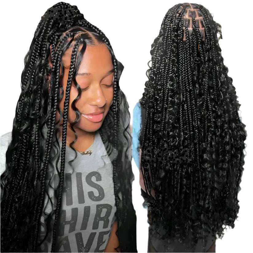 Burgundy Boho Box Braids Wig | Curly Goddess Locs | Full Lace Front | Synthetic Hair | Women