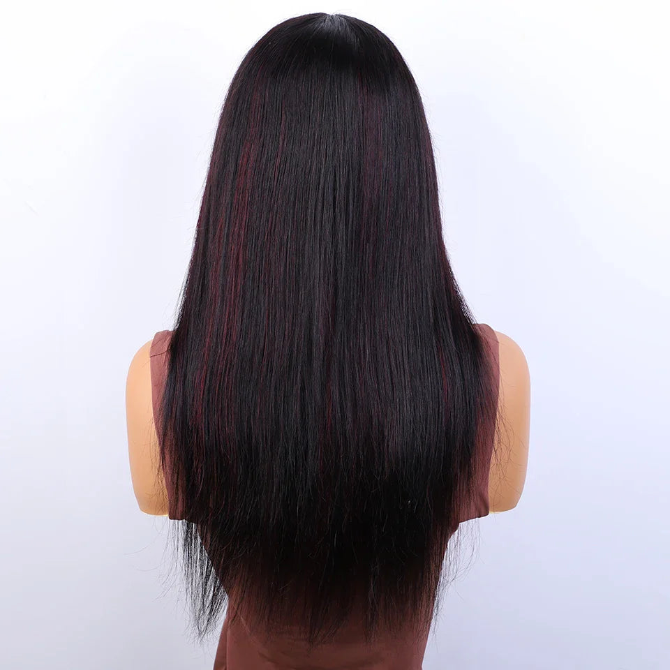 Burgundy Red & Black Bone Straight Wig with Bangs | Full Machine Made Human Hair (18-24")