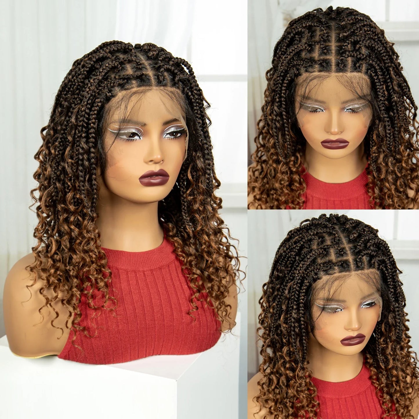 Burgundy Curly Ends Knotless Braids Bob Wig | 99J | Full Lace | Boho Style