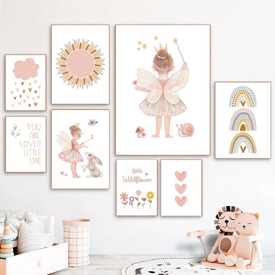 Kawaii Angel Girls Rabbit Sun Rainbow Cloud Cartoon Children Posters Canvas Painting Wall Art Print Picture Baby Kids Room Decor