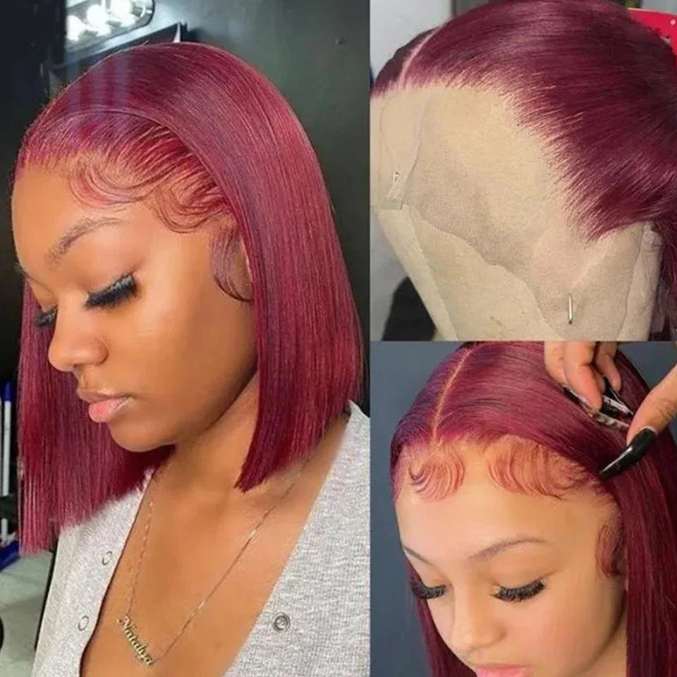 Burgundy HD Transparent Short Bob Wig | 99J Red Straight | 13x6x1 Lace Front Wig | Brazilian Remy Hair | Pre-Plucked