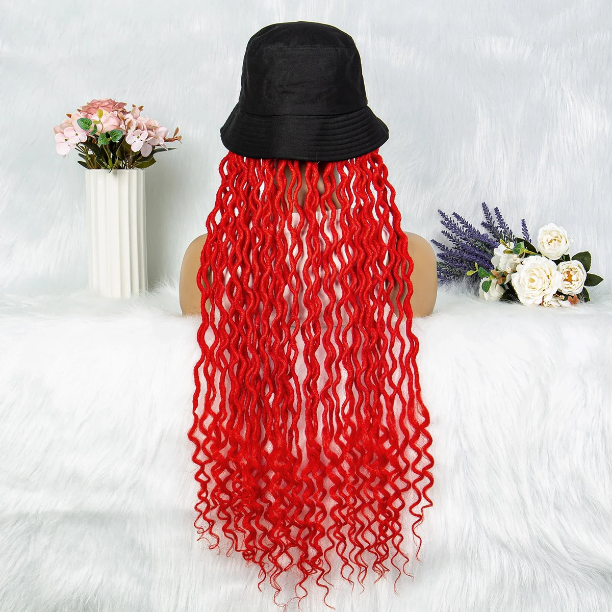 30" Crochet Afro Dreadlocks Bucket Hat Wig | Synthetic Braided Hair | Curly Ends | Black Women