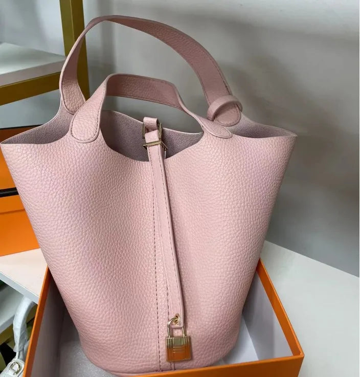 Stylish Bucket Shopping Tote Bag for Women | Soft PU Litchi Pattern Handbag with Lock & Small Horse Scarf (Classic, Versatile)