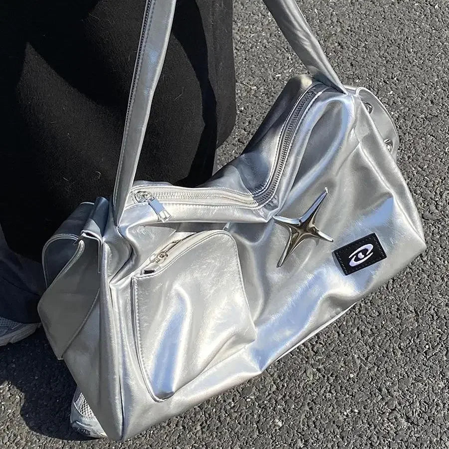 Silver Y2K Tote Bag for Women | Aesthetic Luxury Designer Large Capacity Shoulder Bag (Commuter PU Leather Shopper Handbag)