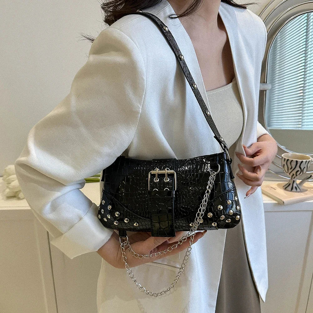 Fashion Women's Y2K Armpit Bag | Luxury Design Pleated Underarm Bag (Solid Color Shoulder Messenger Hobo Handbag with Chains & Rivets)