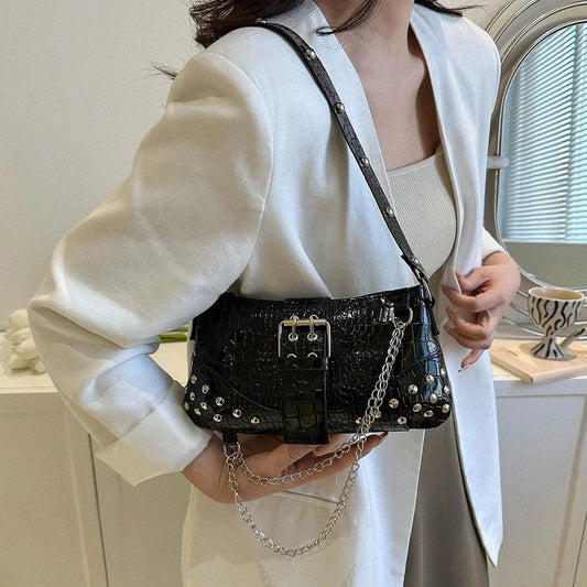 Fashion Women's Y2K Armpit Bag | Luxury Design Pleated Underarm Bag (Solid Color Shoulder Messenger Hobo Handbag with Chains & Rivets)