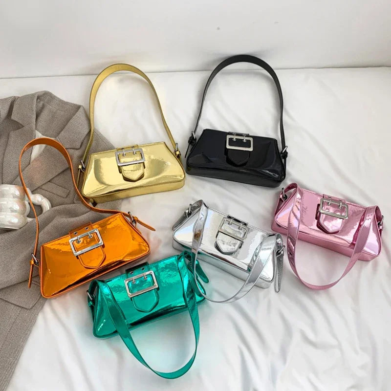New Luxury Design Women's Glossy PU Leather Armpit Bag | Fashion Party Handbag (Patent Leather Silver Shoulder & Crossbody Bag)