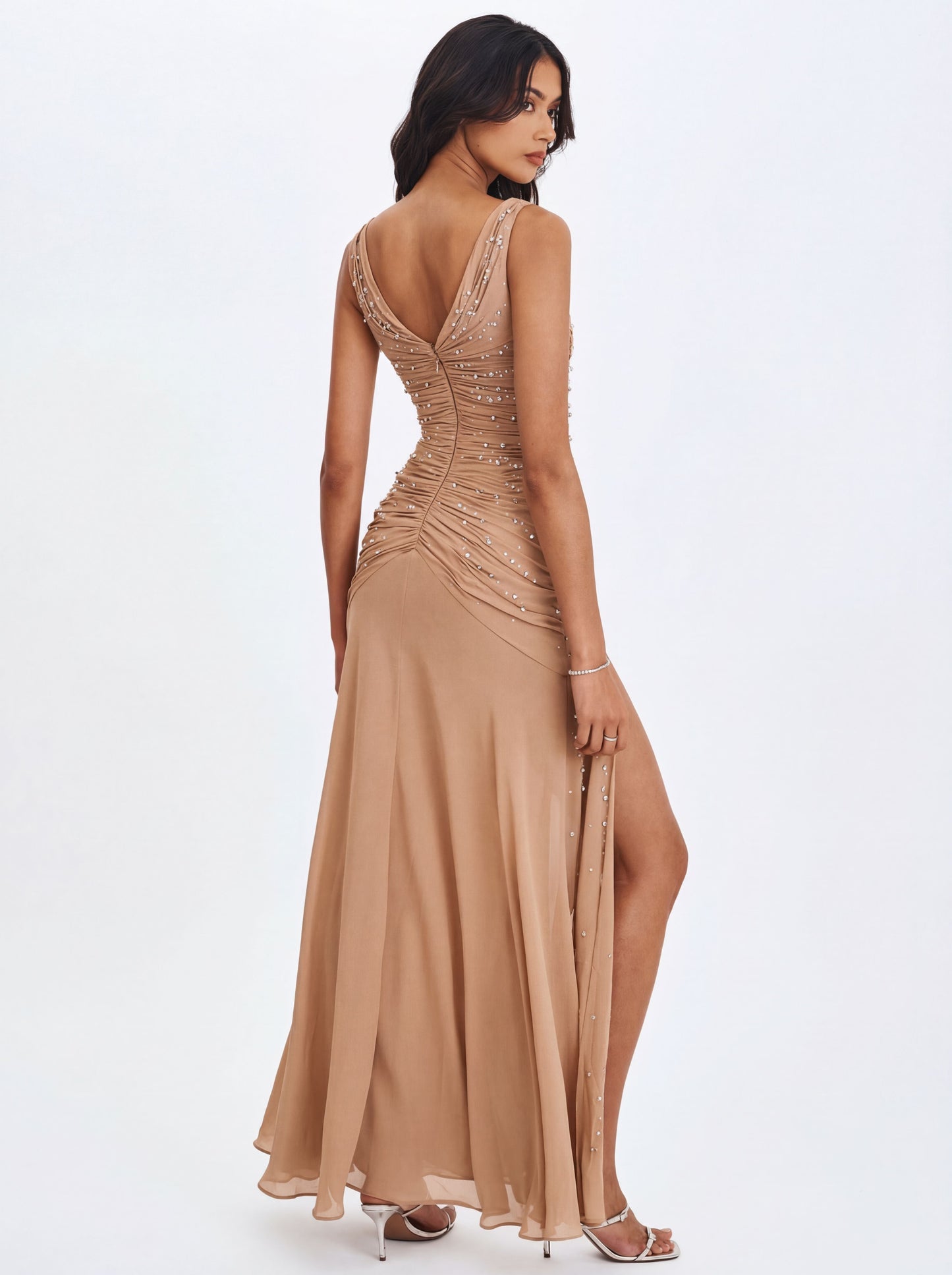Viveca Apricot Crystal-Embellished Asymmetrical Ruched Maxi Dress