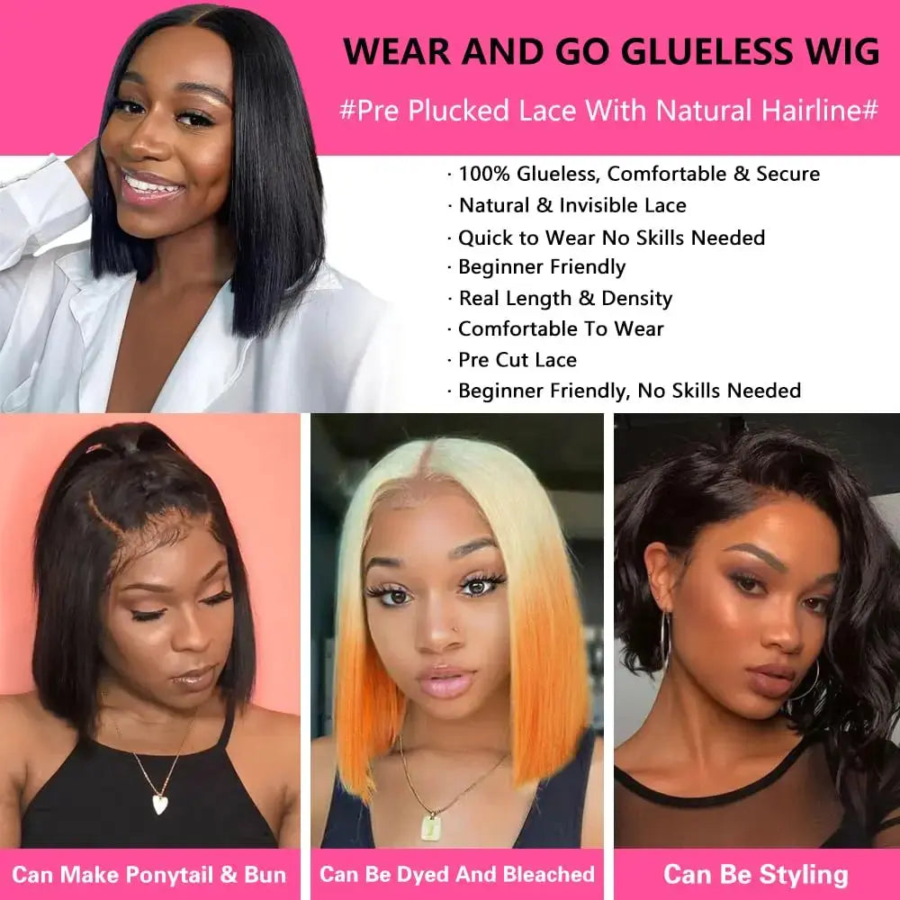 Wear And Go Bob Straight Pre Cut Lace Front Wigs | Black