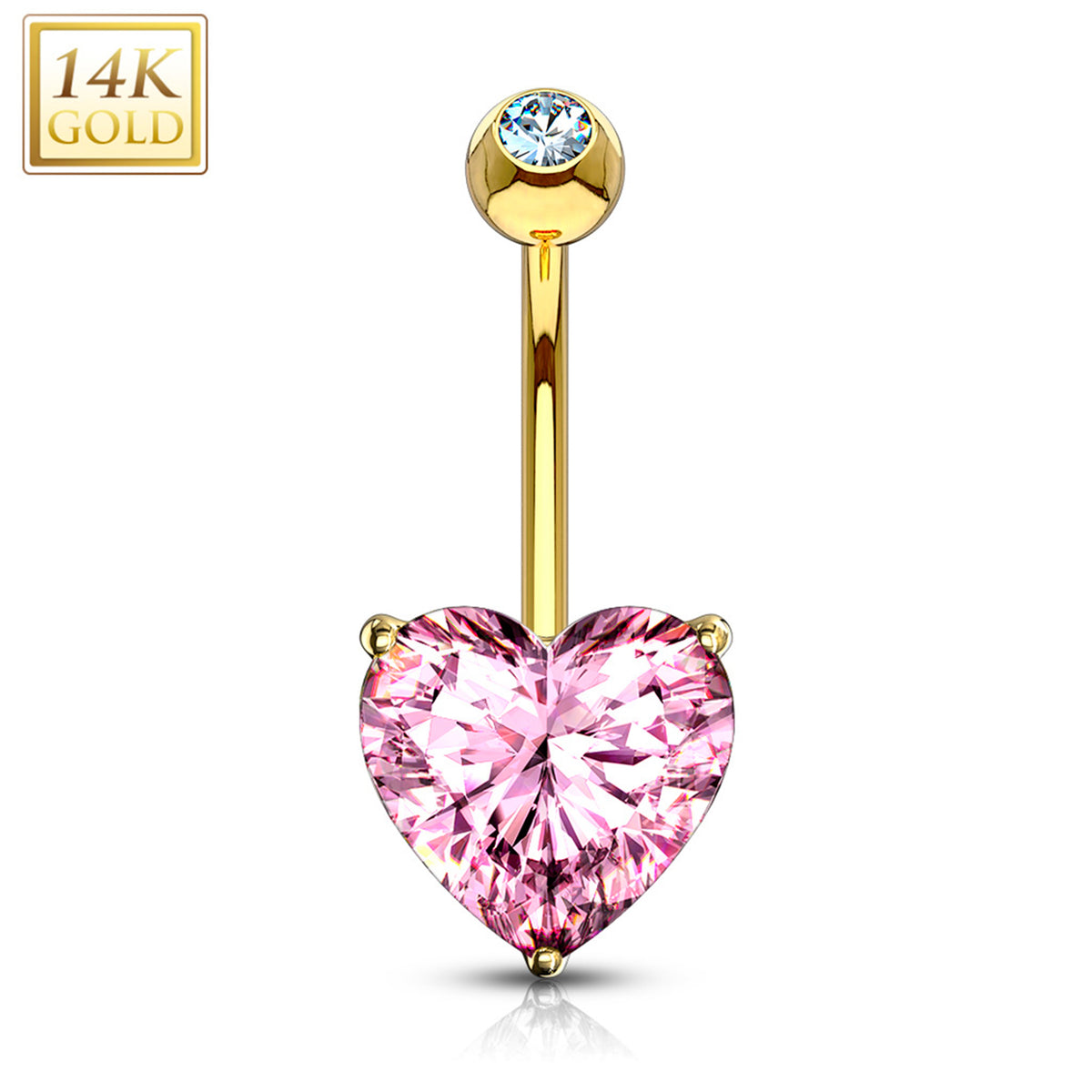 14k Solid Yellow Gold Prong Set Pink 6mm CZ Heart Belly Ring