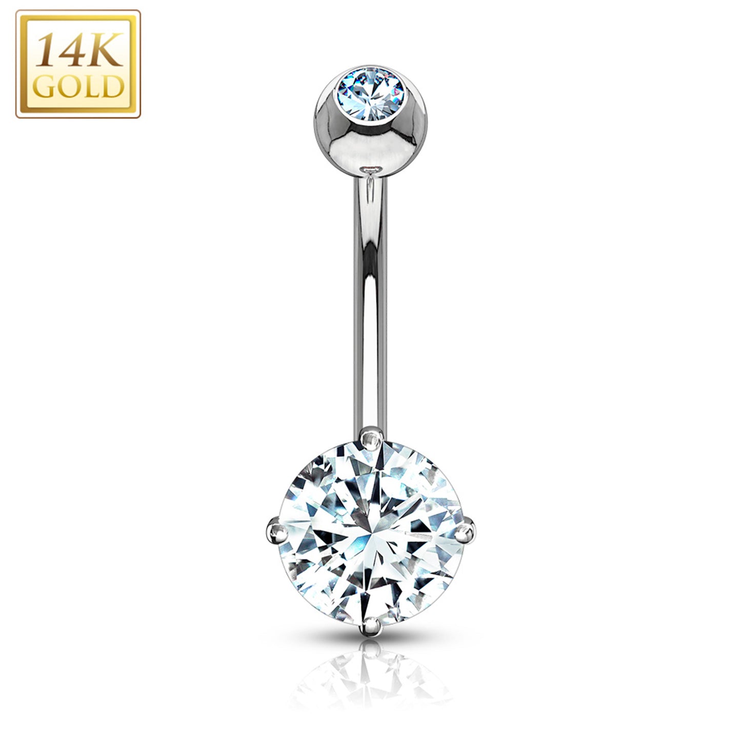 14k Solid White Gold 4-Prong Set 6mm CZ Belly Ring