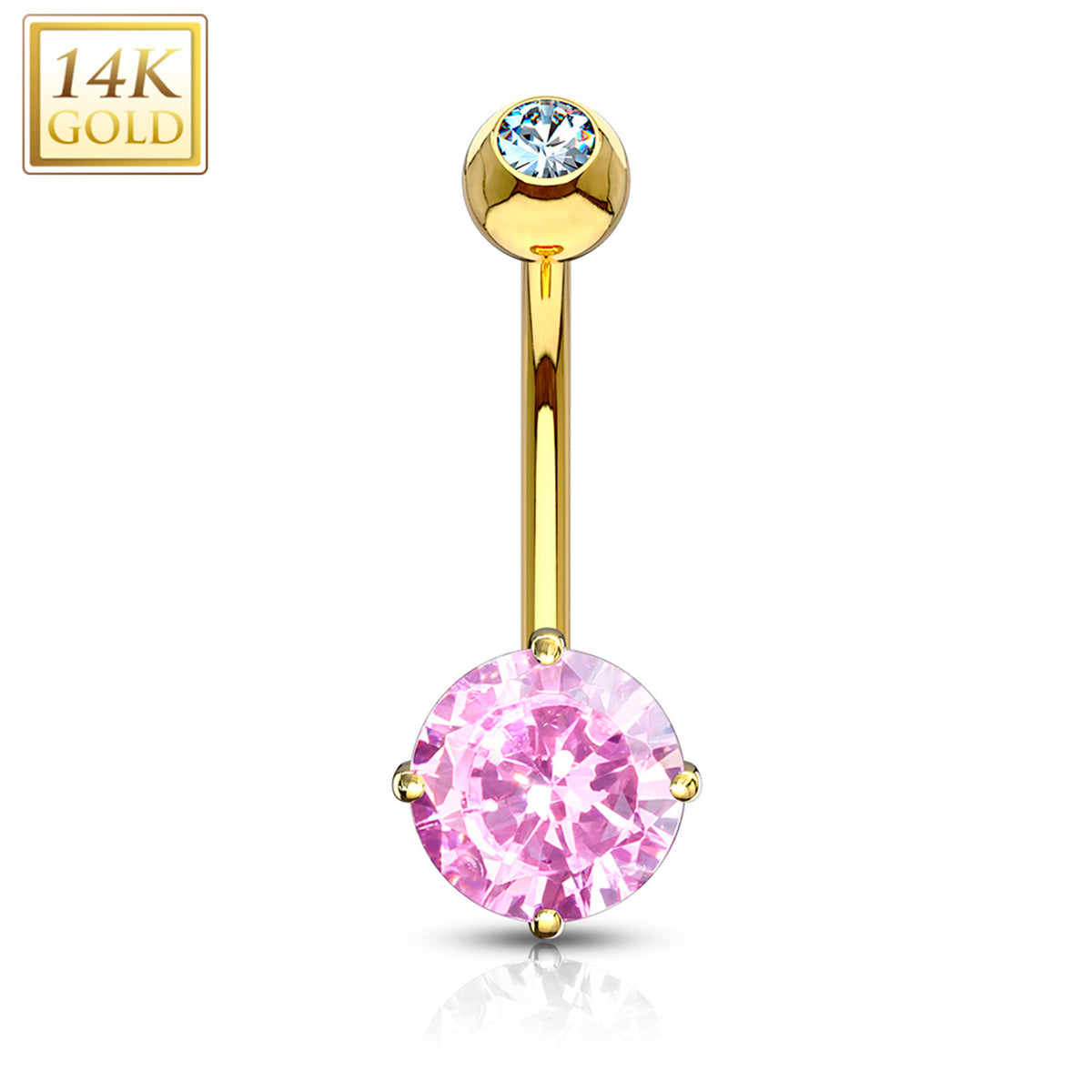 14k Solid Yellow Gold 4-Prong Set Pink 6mm CZ Belly Ring
