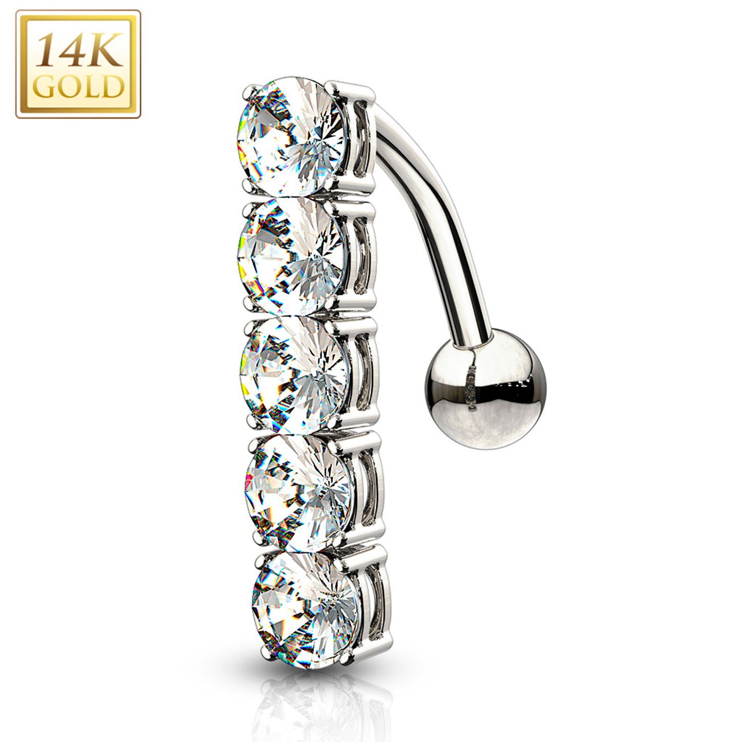 14k Solid White Gold Cubic Zirconia Quintet Top Mount Belly Ring