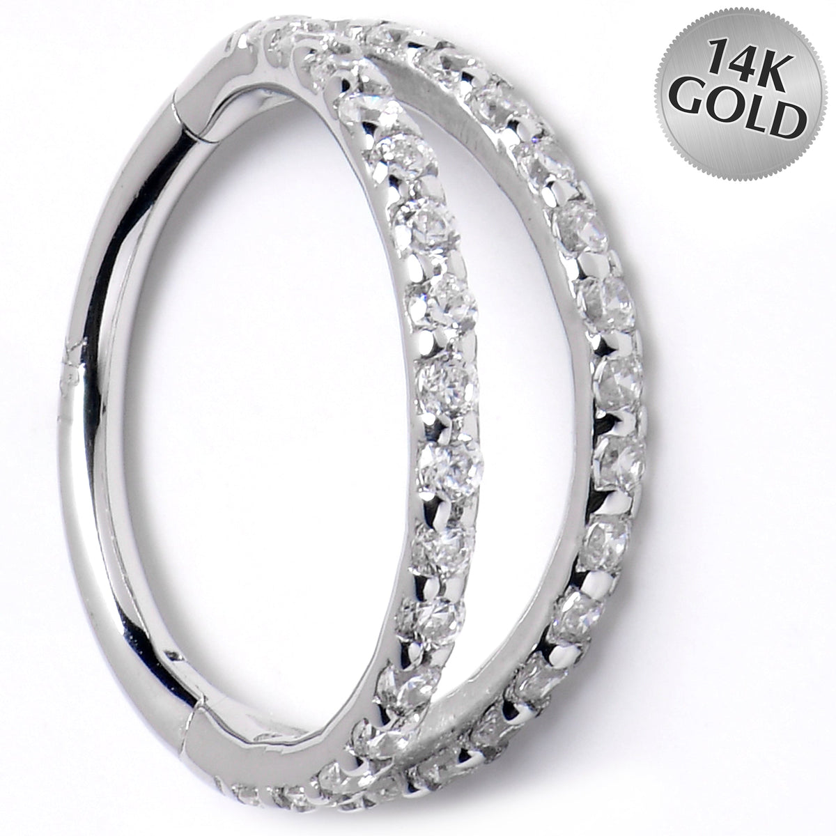 16G 3/8 Solid 14K White Gold Clear CZ Gem Hinged Segment Ring