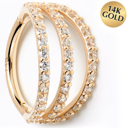 16G 3/8 Solid 14K Yellow Gold Clear CZ Gem Row Hinged Segment Ring