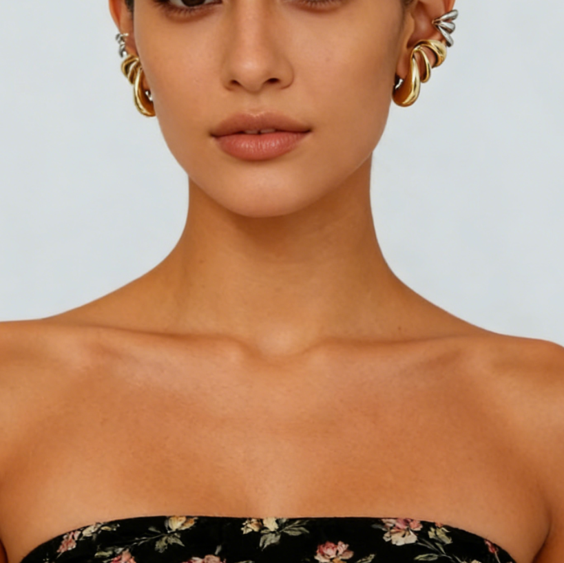 C-Shaped Hoop Ear Cuffs with Spiral & Teardrop Design