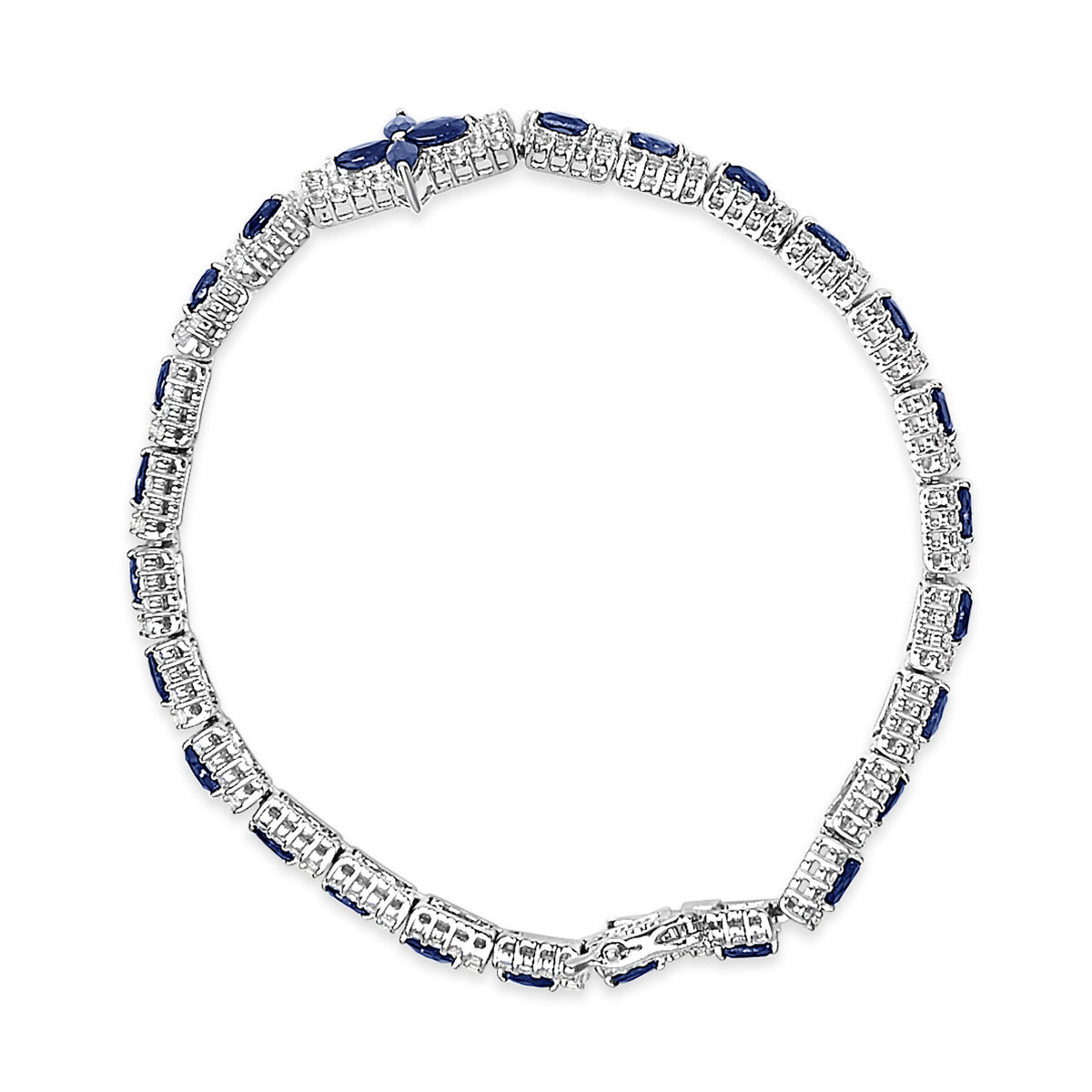 Sterling Silver Dark Blue Sapphire and Topaz Marquise Floral Art Deco Link Bracelet