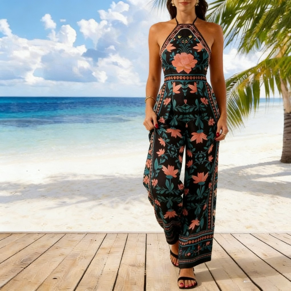 Trendy Sexy Printed Halter Wide-Leg Jumpsuit