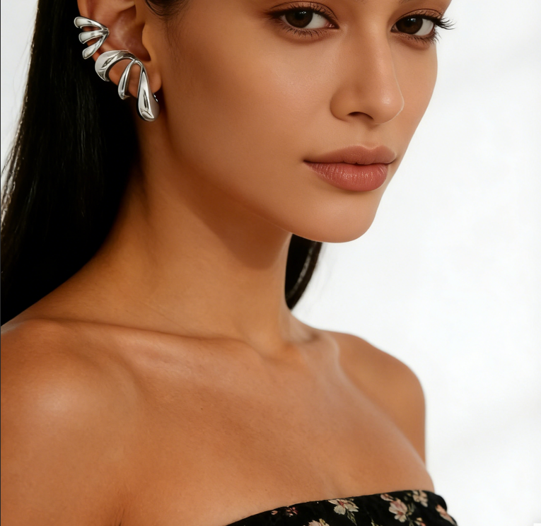 C-Shaped Hoop Ear Cuffs with Spiral & Teardrop Design