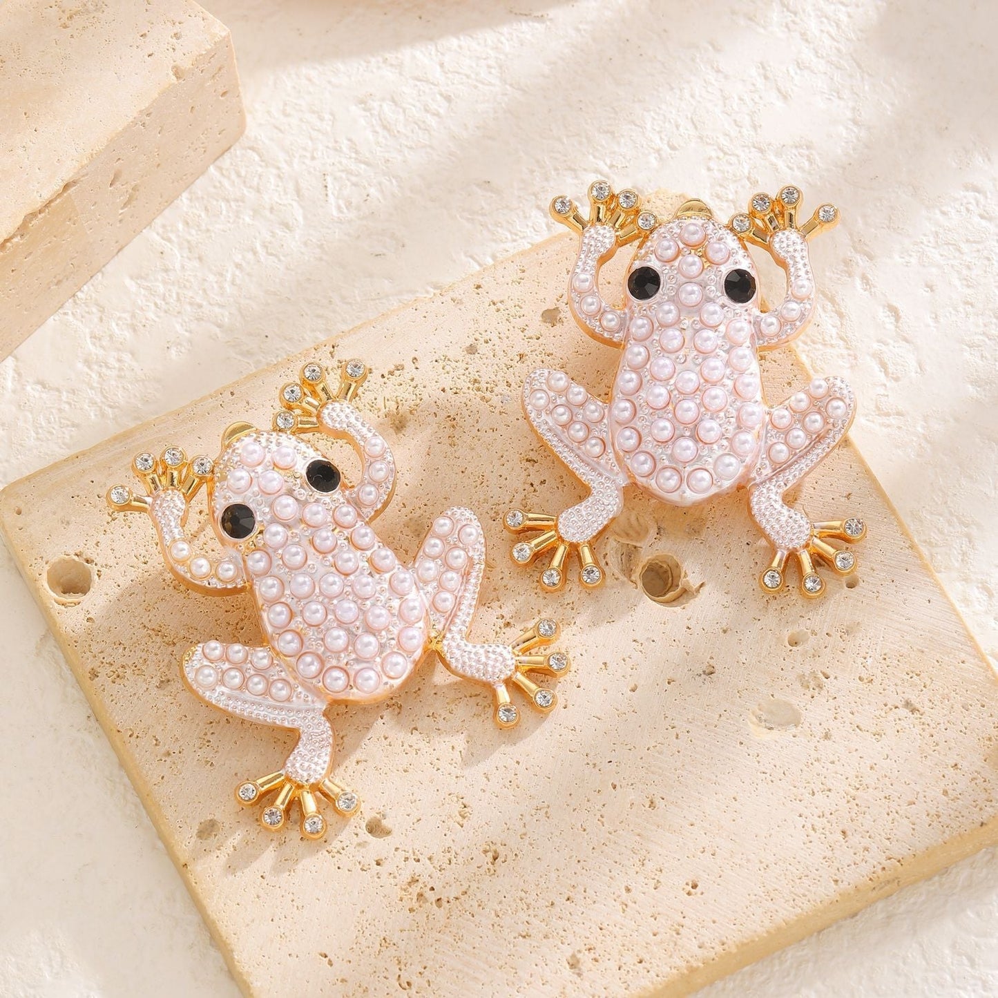 Trendy Frog Animal Earrings with Crystal & Pearl Accents