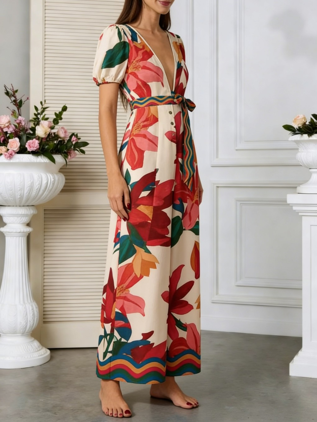 Women's Summer Deep V-Neck Sexy Wide-Leg Jumpsuit