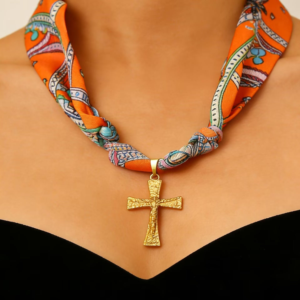 Hand-Tied Silk Scarf Cross Necklace