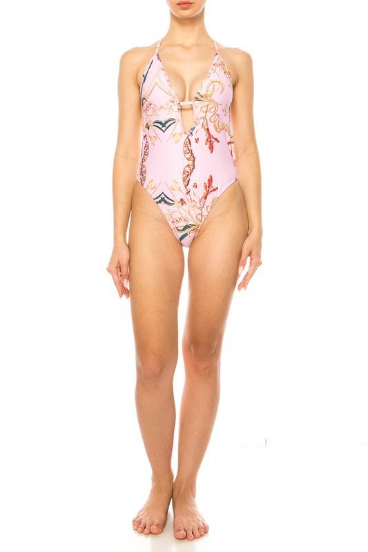 ONE PIECE BATHING SUIT FLORAL PRINT DEEP CUT FRONT