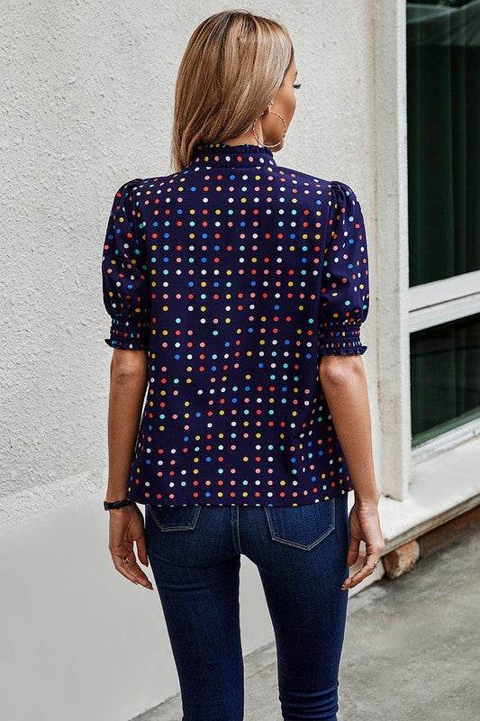 Polka Dot Print Puff Sleeve Loose Shirt