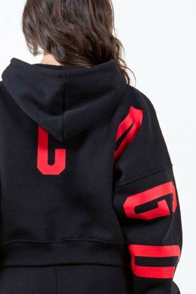American Bazi Letter Graphic Long Sleeve Drawstring Cropped Hoodie