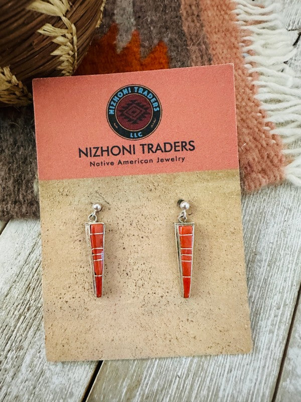 Navajo Sterling Silver & Coral Inlay Dangle Earrin