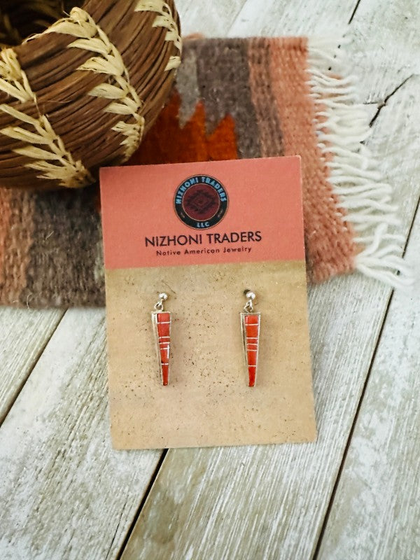 Navajo Sterling Silver & Coral Inlay Dangle Earrin