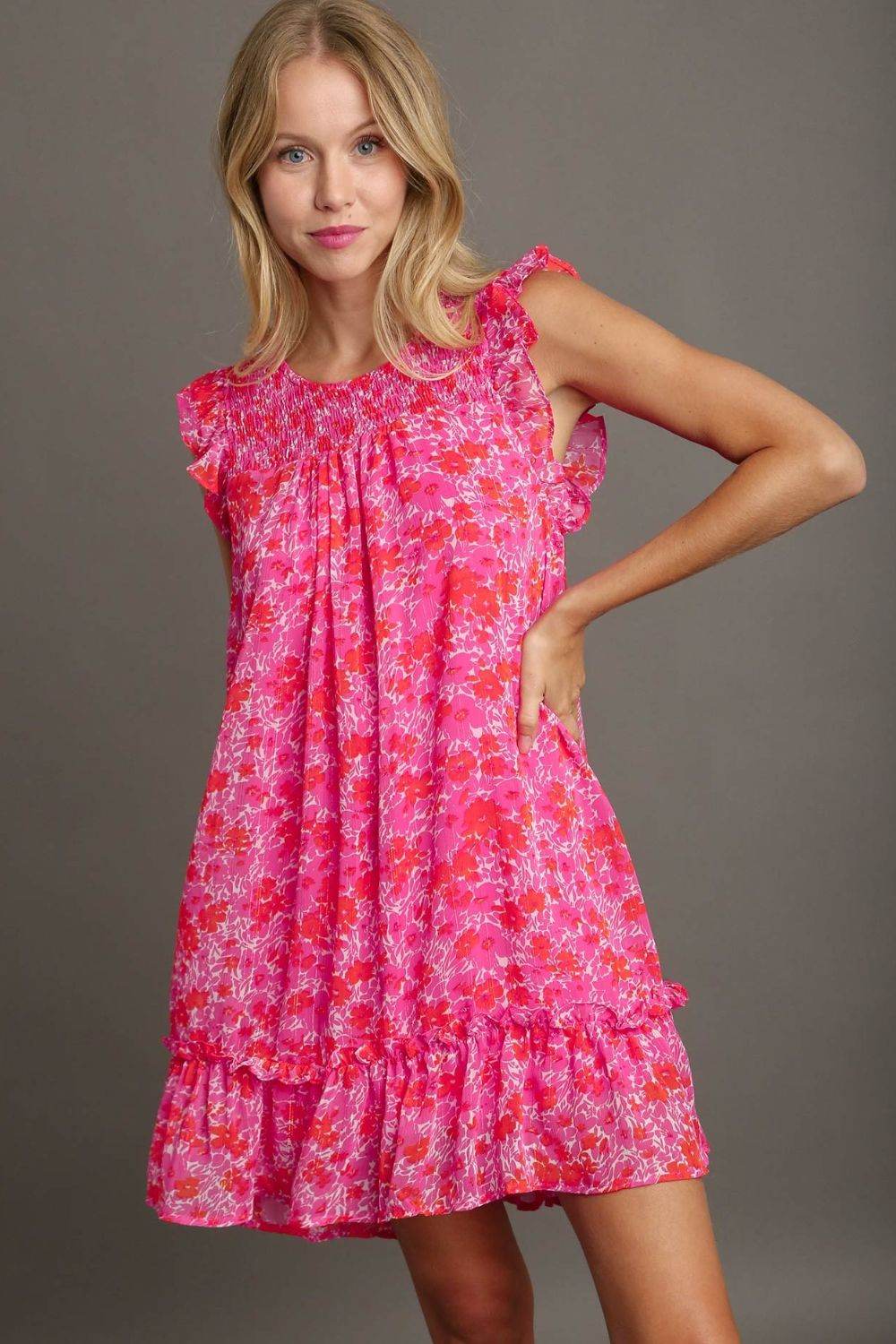 Umgee Full Size Smocked Detail Floral Metallic Ruffle Cap Sleeve Dress Plus Size